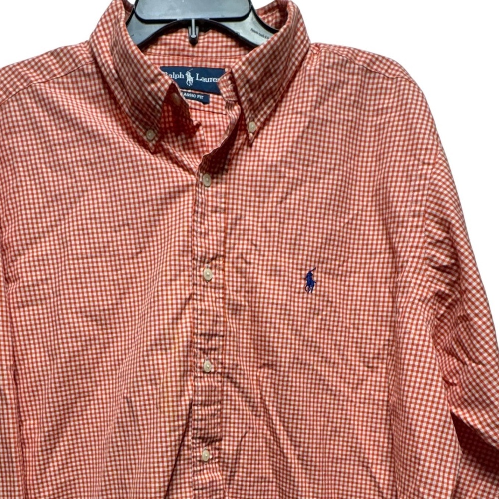 Ralph Lauren Classic Fit Orange Gingham Button Down Shirt Mens XL 17.5